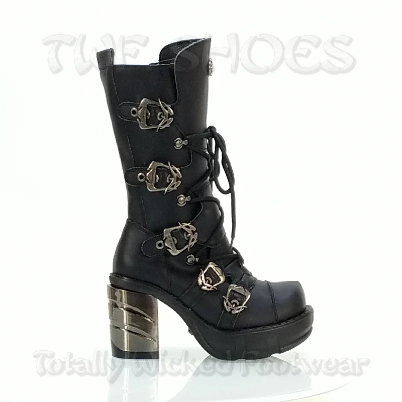 Sinister 203 Multi Buckle Chrome Chunk Heel Boot  - Demonia Direct