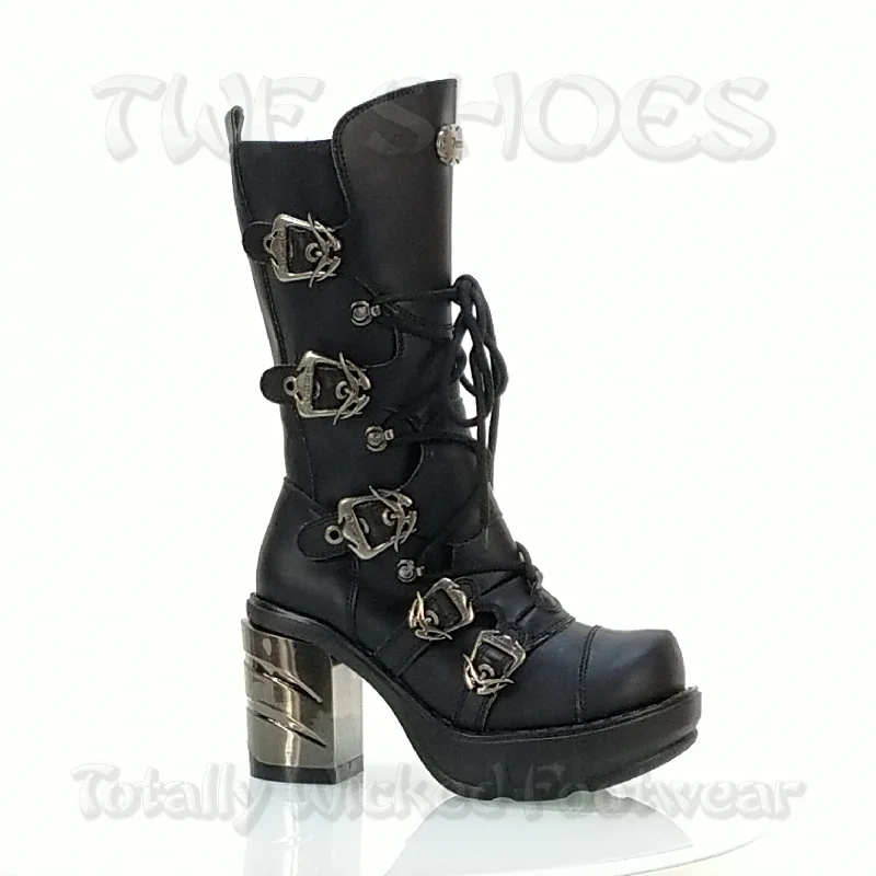 Sinister 203 Multi Buckle Chrome Chunk Heel Boot  - Demonia Direct