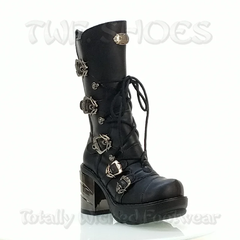 Sinister 203 Multi Buckle Chrome Chunk Heel Boot  - Demonia Direct