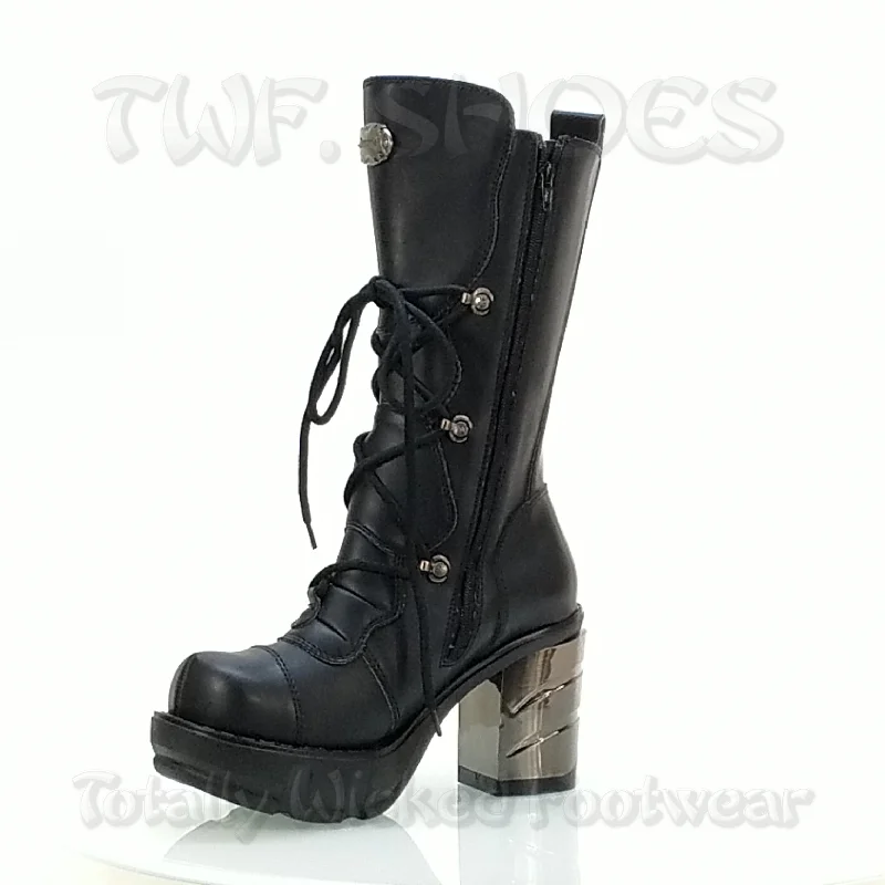 Sinister 203 Multi Buckle Chrome Chunk Heel Boot  - Demonia Direct