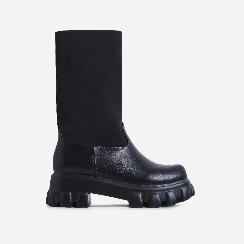 Giustina Chunky Sole Mid Calf Ankle Biker Boot In Black Faux Leather