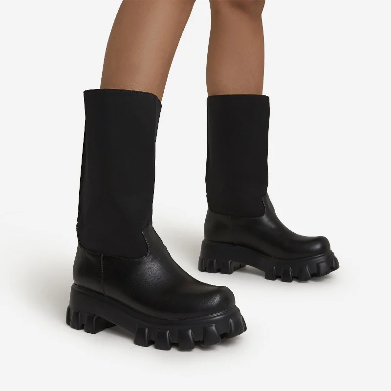 Giustina Chunky Sole Mid Calf Ankle Biker Boot In Black Faux Leather