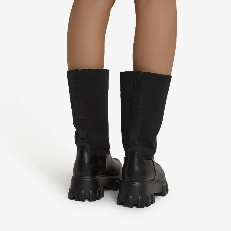 Giustina Chunky Sole Mid Calf Ankle Biker Boot In Black Faux Leather