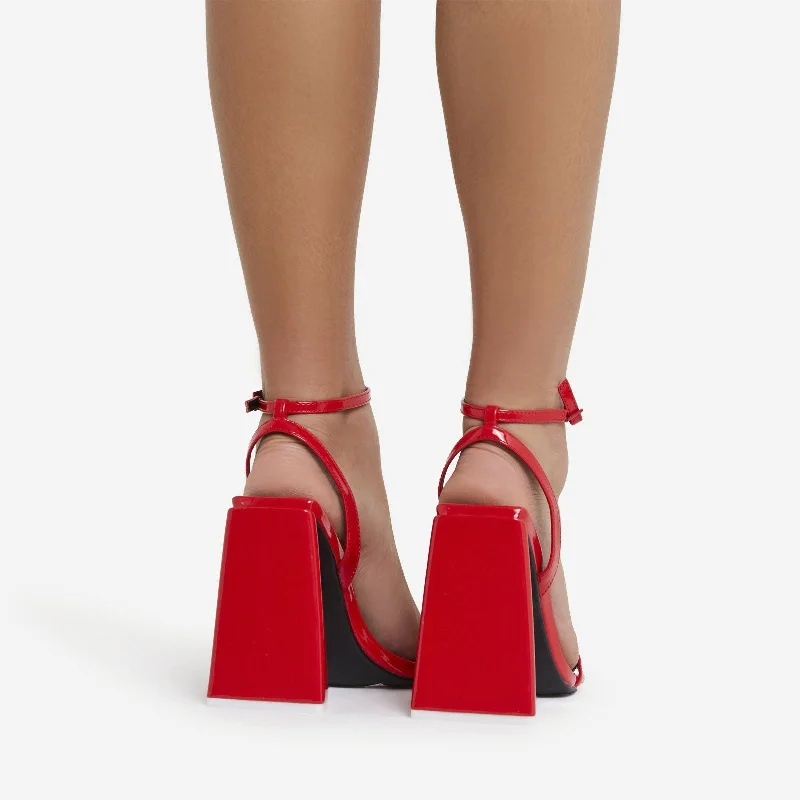 Marabel Pointed Toe Barely There Statement Sculptured Flared Block Heel In Red Patent