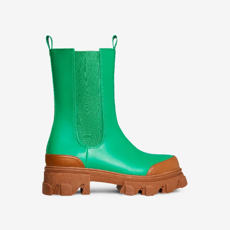 Noriega Chunky Sole Ankle Chelsea Biker Boot In Green Faux Leather