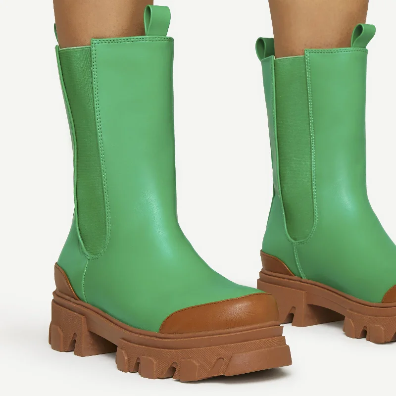 Noriega Chunky Sole Ankle Chelsea Biker Boot In Green Faux Leather