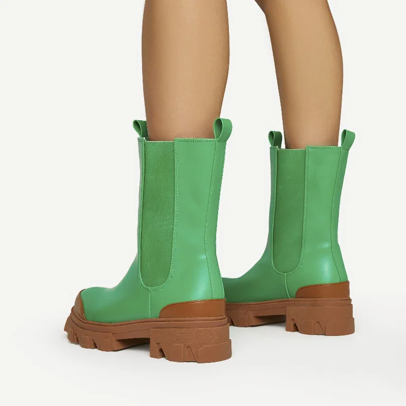 Noriega Chunky Sole Ankle Chelsea Biker Boot In Green Faux Leather