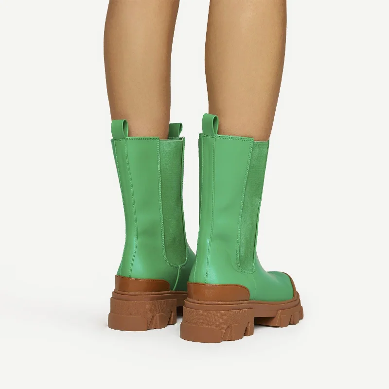 Noriega Chunky Sole Ankle Chelsea Biker Boot In Green Faux Leather