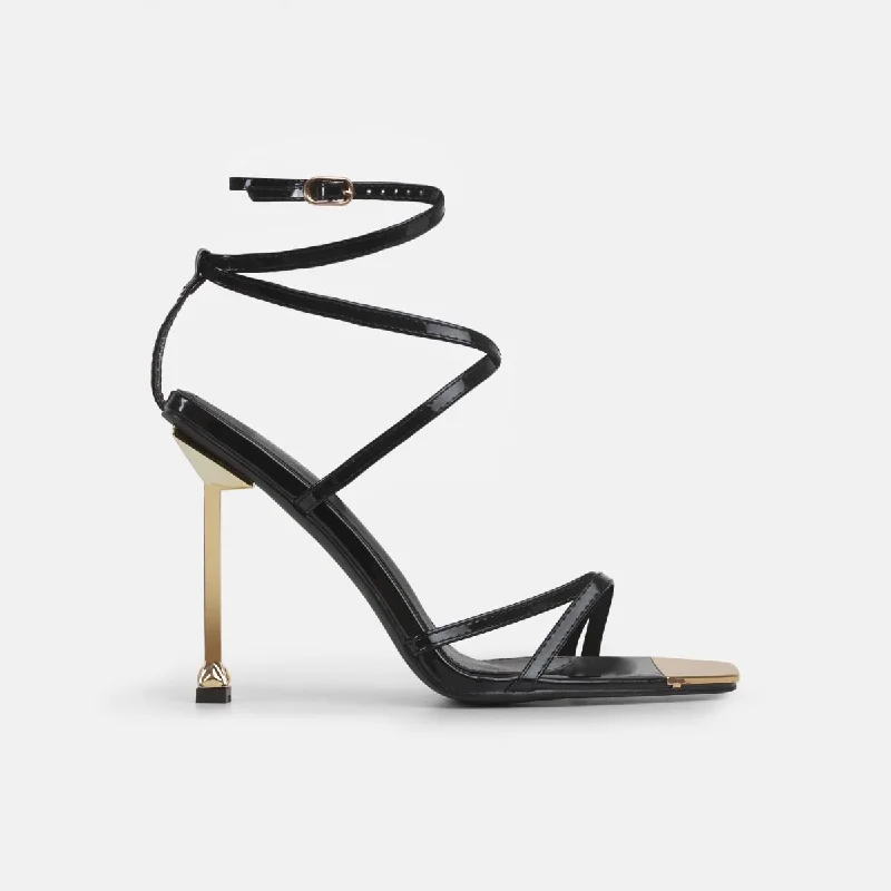 Pluto Black Patent Strappy Stiletto Heels