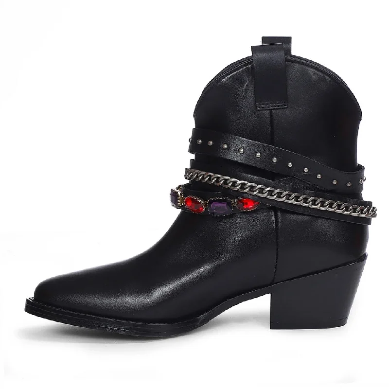 Saint Louanne Black Leather Rhinestone Studded Décor Boots