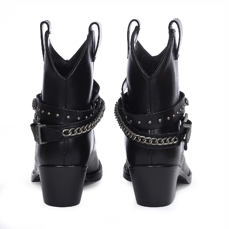 Saint Louanne Black Leather Rhinestone Studded Décor Boots