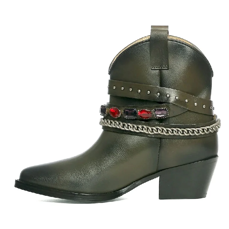 Saint Louanne Olive Leather Rhinestone Studded Décor Boots