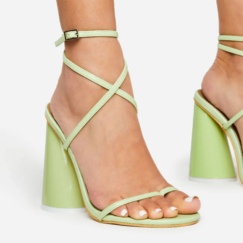 Wild-Side Cross Strap Open Toe Round Statement Block Heel In Green Patent