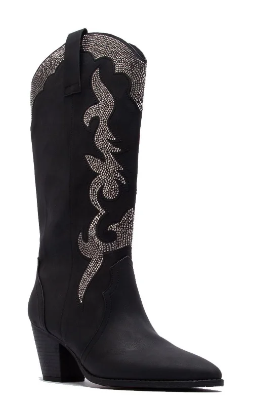 Black Block Heel Flame Knee High Boots