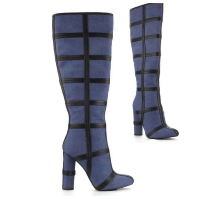 FINAL SALE - Denim Patchwork Knee High Boots