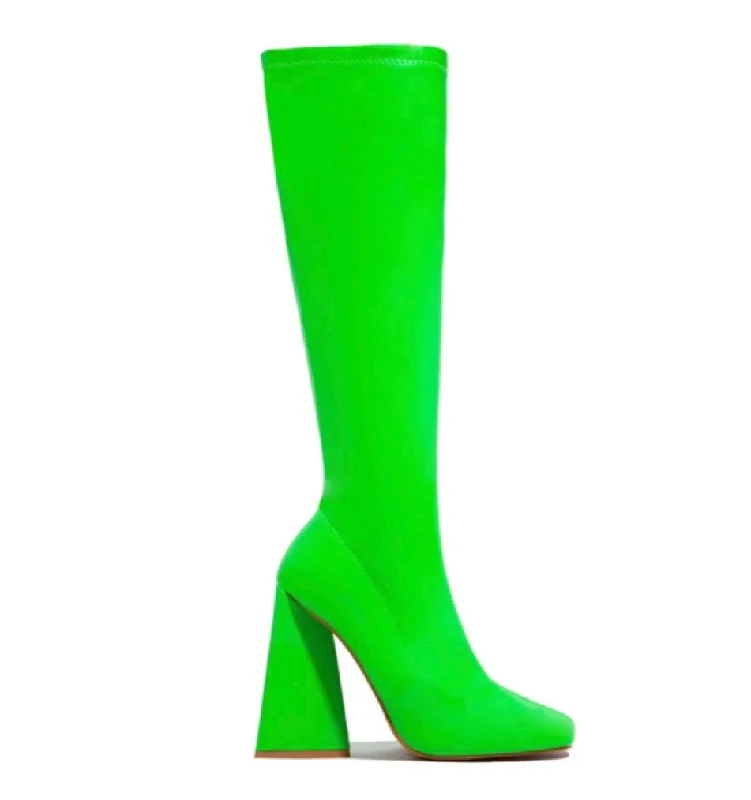 Chunky Heel Knee High Boots - Lime