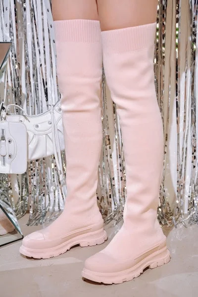 Deky Thigh High Sock Chunky Platform Women Boots-Pink