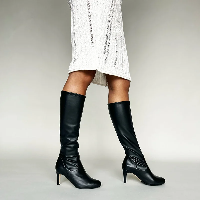 Isla Extra-Wide Fit Knee High Boots - Black Leather/Fabric Mix