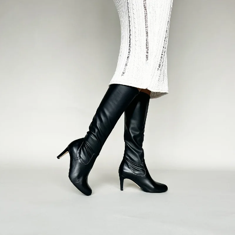 Isla Extra-Wide Fit Knee High Boots - Black Leather/Fabric Mix