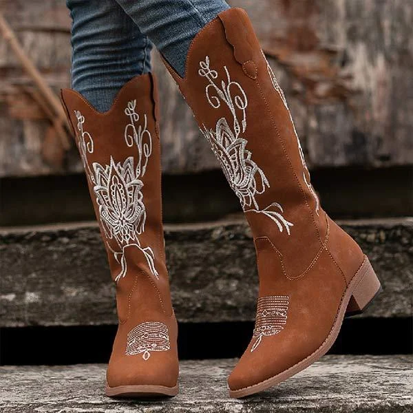 Women's Chunky Heel Embroidered Knee-High Boots 38554250C