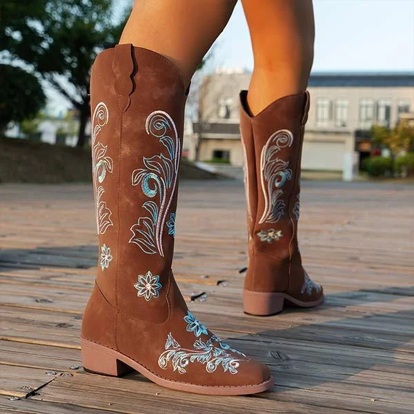 Women's Chunky Heel Embroidered Knee-High Boots 74749570C