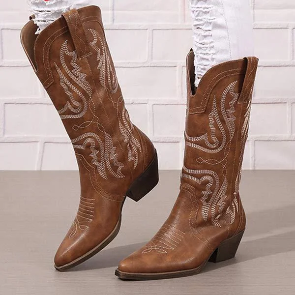 Women's Embroidered Chunky Heel Mid-Calf Boots 93259013C