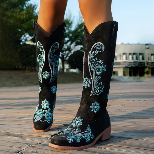 Women's Fashionable Embroidered Chunk Heel Knee-High Boots 98270378S