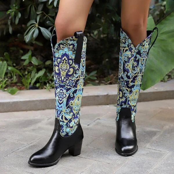 Women's Fashionable Ethnic Style Chunky Heel Knee-High Boots 48682451S