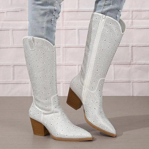 Women's Fashionable Rhinestone Block Heel Knee-High Boots 05189850S