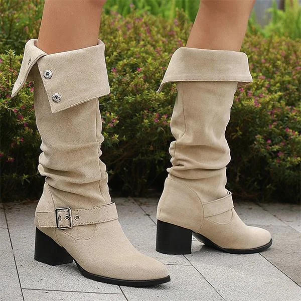 Women's Retro Belt Buckle Block Heel High Boots 35403633S