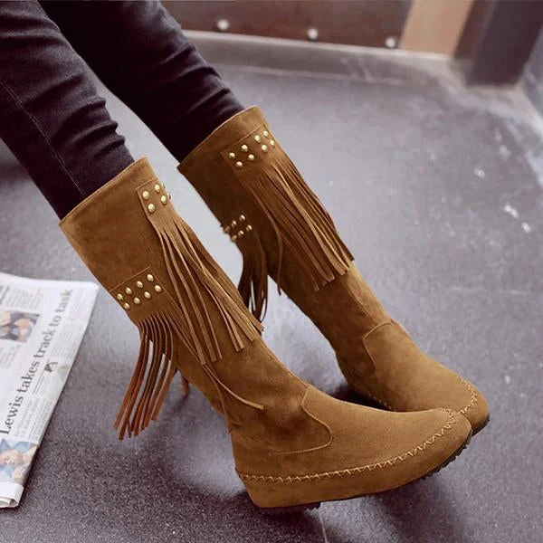 Women's Retro Casual Studded Tassel High Boots 57461981S