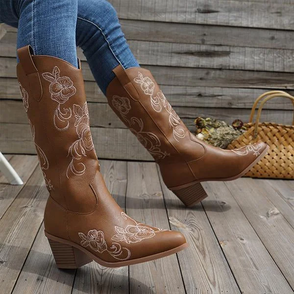 Women's Retro Flower Embroidered Chunky Heel Boots 58584316S