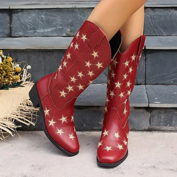 Women's Retro Star Block Heel Western Cowboy Boots 72784414S