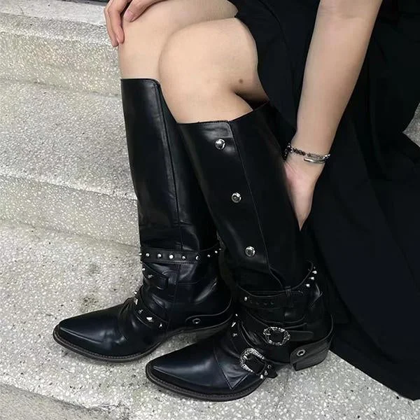 Women's Stylish Punk Style Belt Buckle Knight Boots 55260183S