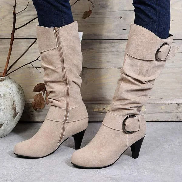 Women's Suede Belt Buckle Knee-High Boots 95352683C