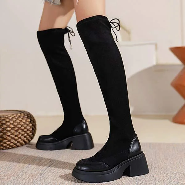 Women's Thick Sole Stretch Knee-High Boots with Back Lace-Up Detail 60717301C