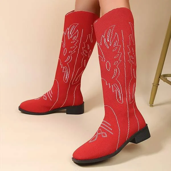 Women's Vintage Embroidered Mid-Heel Knee-High Riding Boots 69568789C