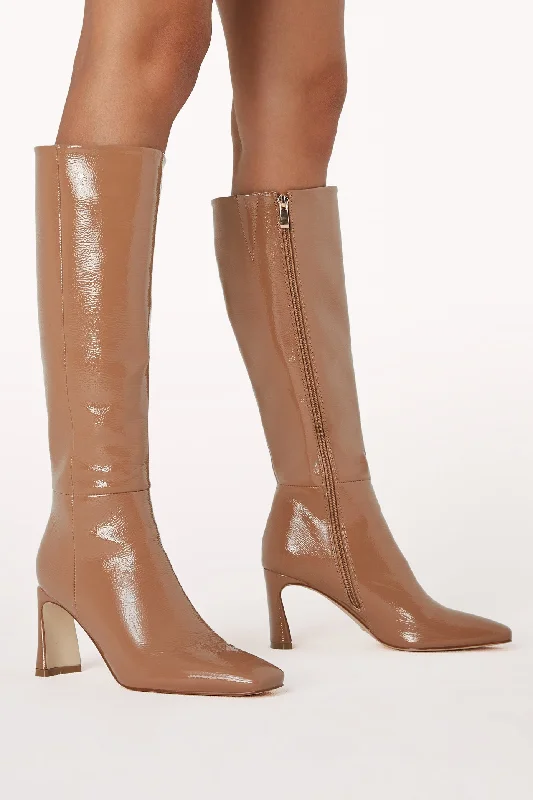 Yasmeen Knee High Boot - Toffee Crinkle Patent