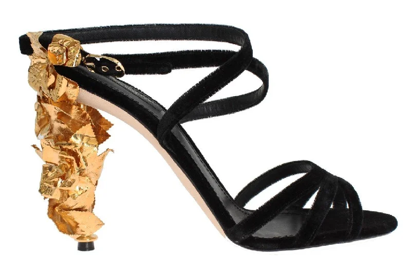 Black Velvet Gold Leaf Sandal Shoes