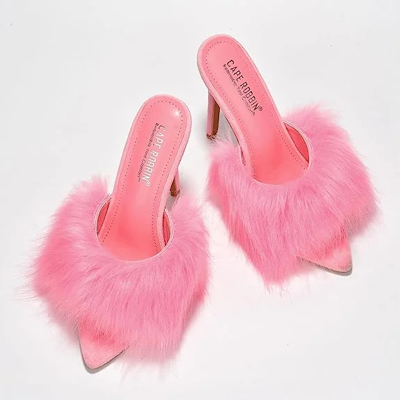 Cape Robbin Fuji Fur Open Peep Toe Stiletto Pointy Toe Stiletto Mule Sandal Heels