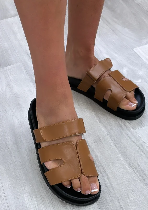 Dymphna Camel Velcro Strap Sliders