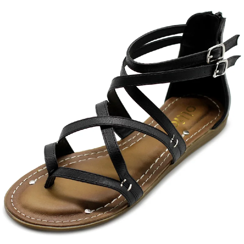 Ollio Women's Shoe Gladiator Strap Flat Zori Sandal