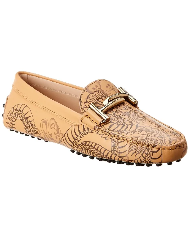 TODs Tattoo Dragon Printed Leather Loafer