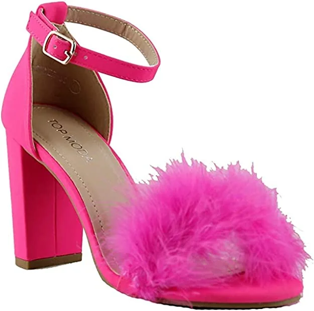 Women Chunky Heels Ankle Strap Sandals with Fur Konner by Top Guy