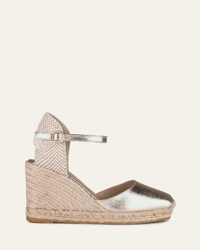 YASMIN HIGH HEEL WEDGE ESPADRILLES GOLD LEATHER