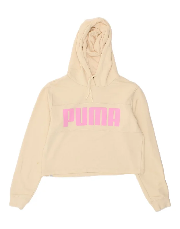 PUMA Womens Crop Graphic Hoodie Jumper UK 10 Small Beige