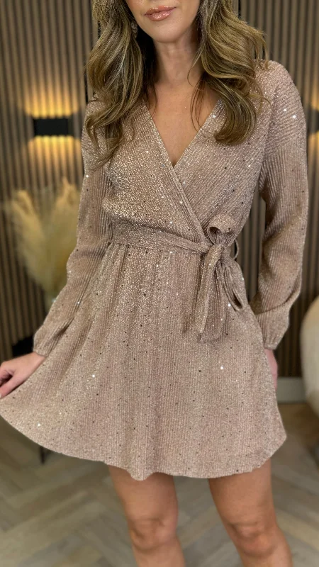 Christina Champagne Sequin Detail Long Sleeve Mini Dress