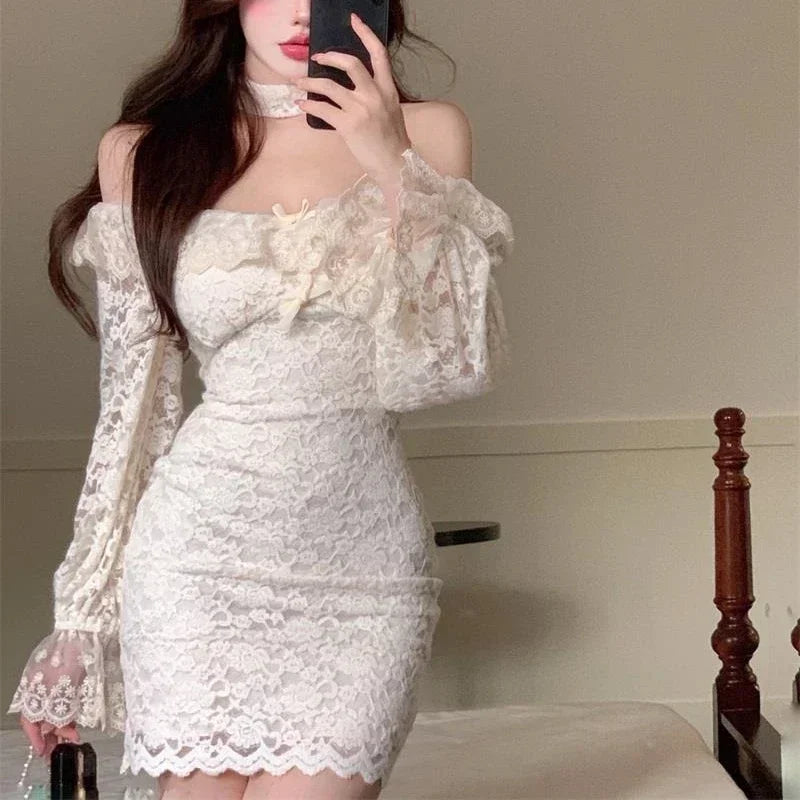 Girlary Coquette Sexy Mini Cabaret Dress Women Korean Style Fairy Ruffle Slash Neck Long Sleeve Corset Dresses Evening Vestidos