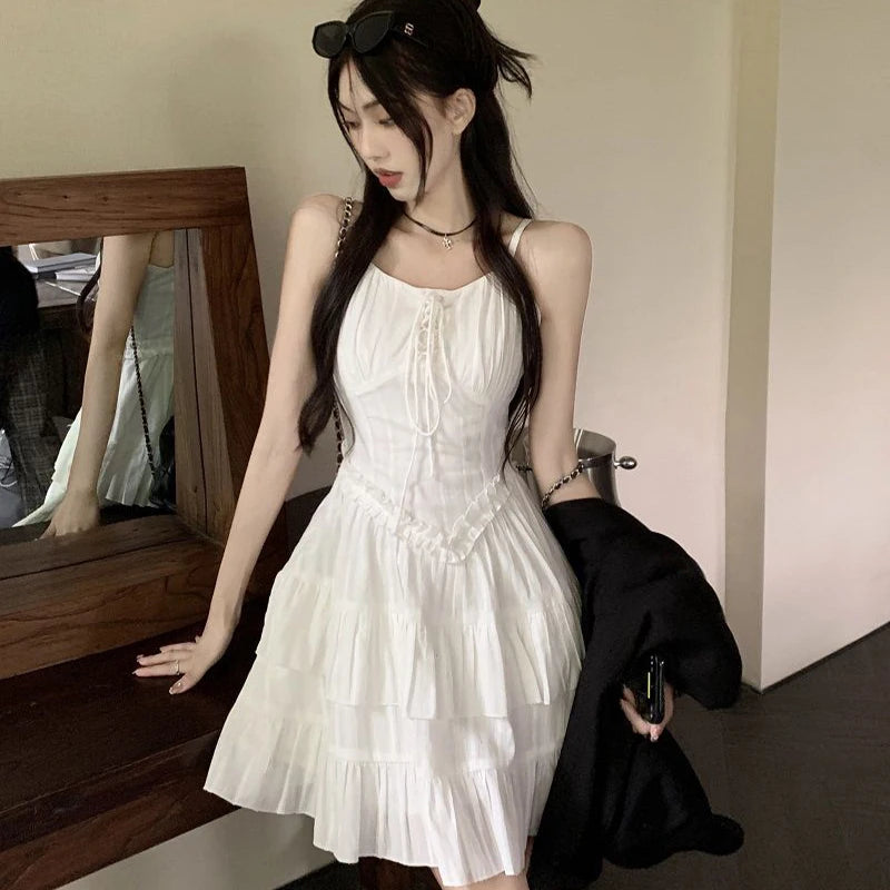 Girlary White Ruffles Short Dresses Women's Elegant Sweet Sleeveless Mini Dress Korean Style Female Fashion Summer 2024  Casual