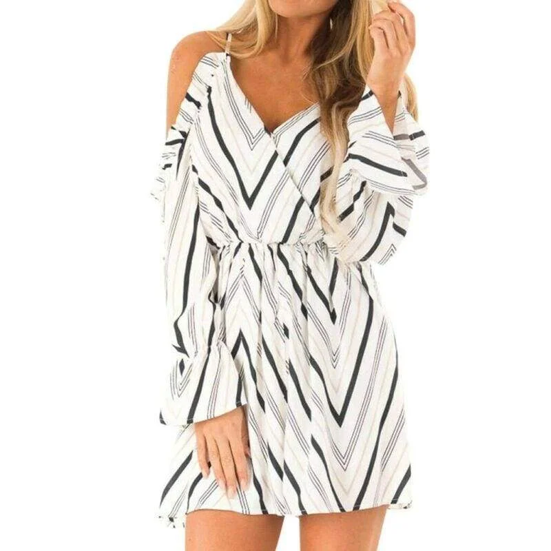 FashionSierra - New Women Autumn Dress Fashion V neck Off Shoulder Striped Long Sleeve Casual Holiday Short Mini Dress